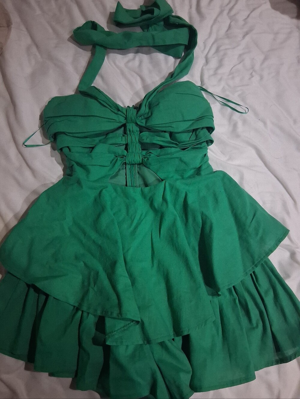 Luxxel Green Halter Ruched Tiered Dress for Kids